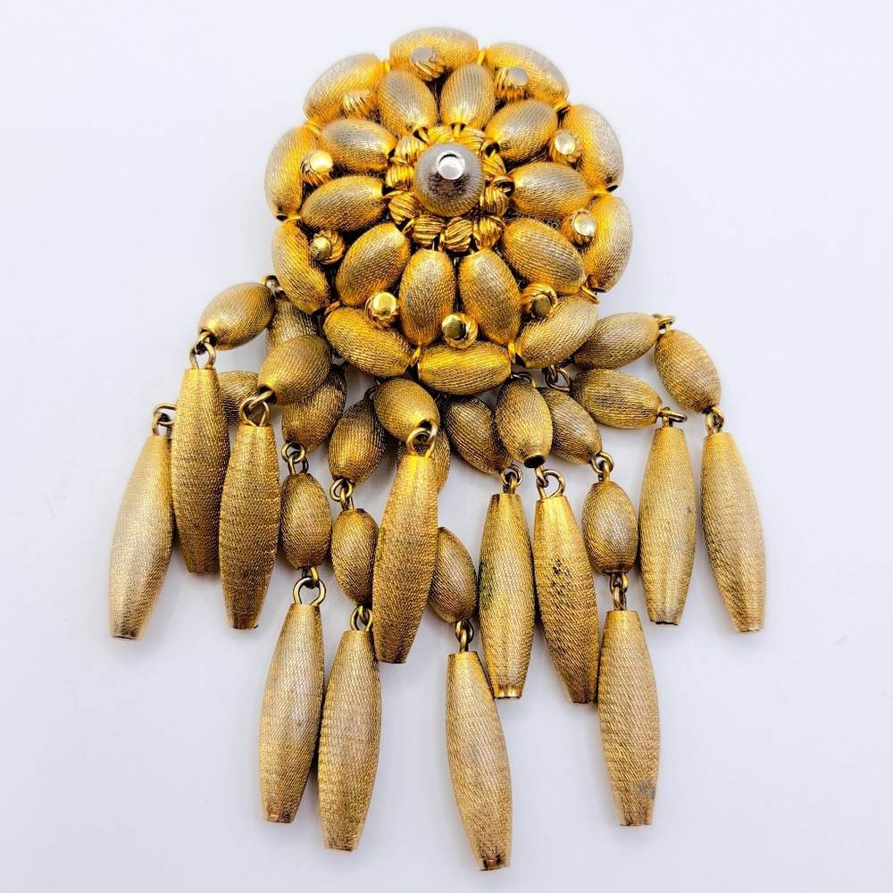 Vintage Gold Floral Brooch with Dangling Accents
